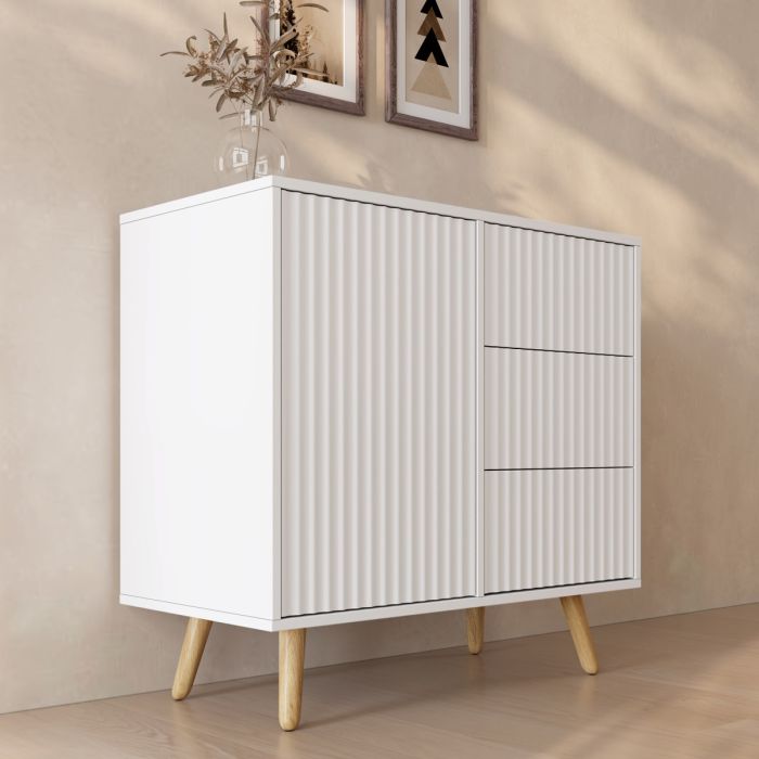 Credenza Cannettata Renzo M con 1 Anta e Cassetti - Bianco