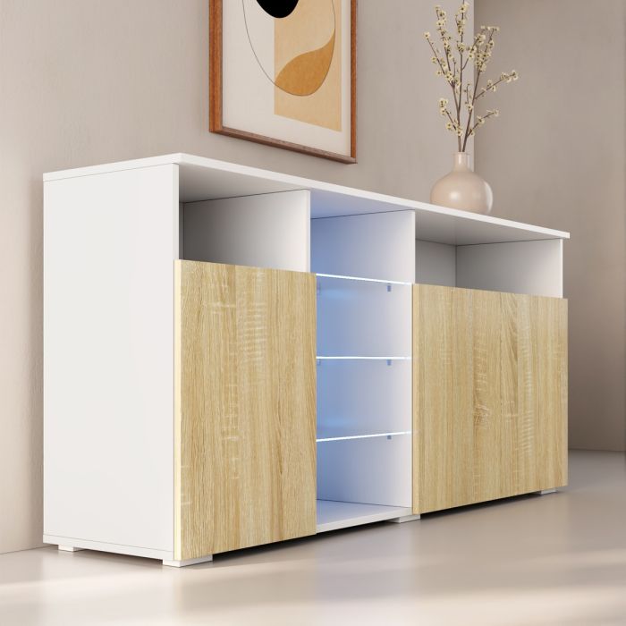 Buffet Salon modèle Clark couleur blanc brillant et sonoma