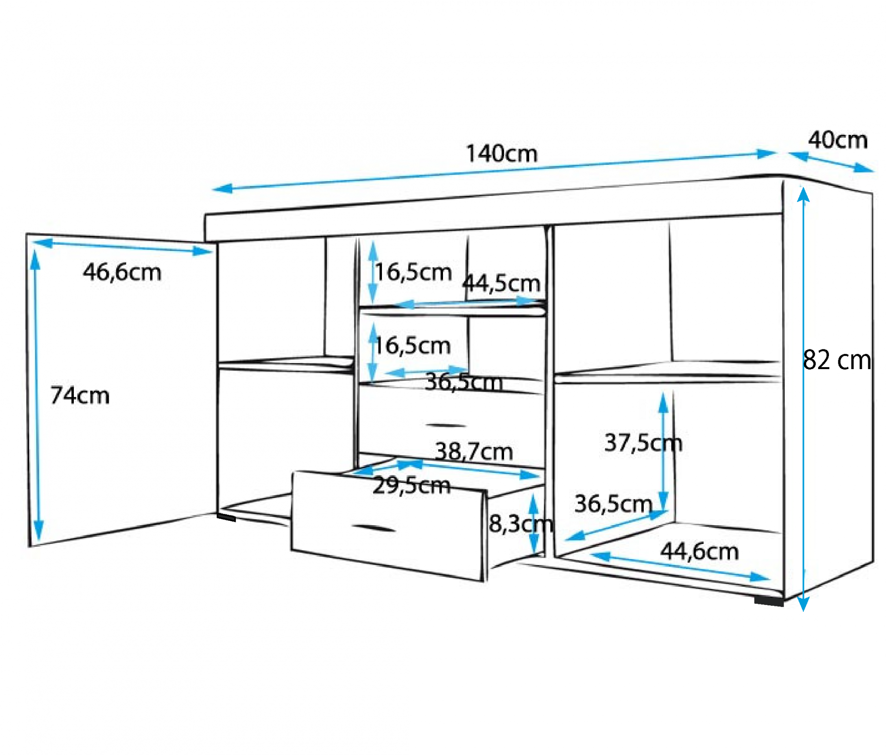 Credenza Moderna Con 2 Ante E 2 Cassetti - Bianco E Grigio, 140x80x40 Cm