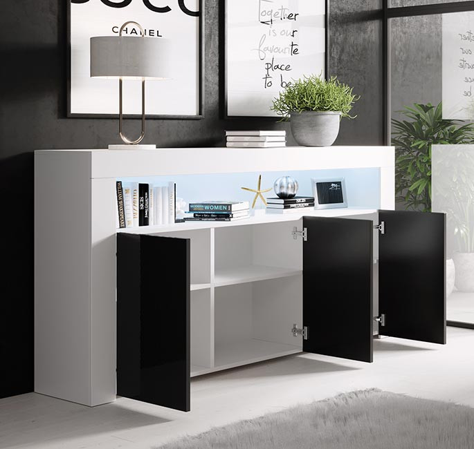 Credenza Moderna Aker In Melamina Opaca Nera - 155x91.5x37 Cm Con Luci LED - Foto 7