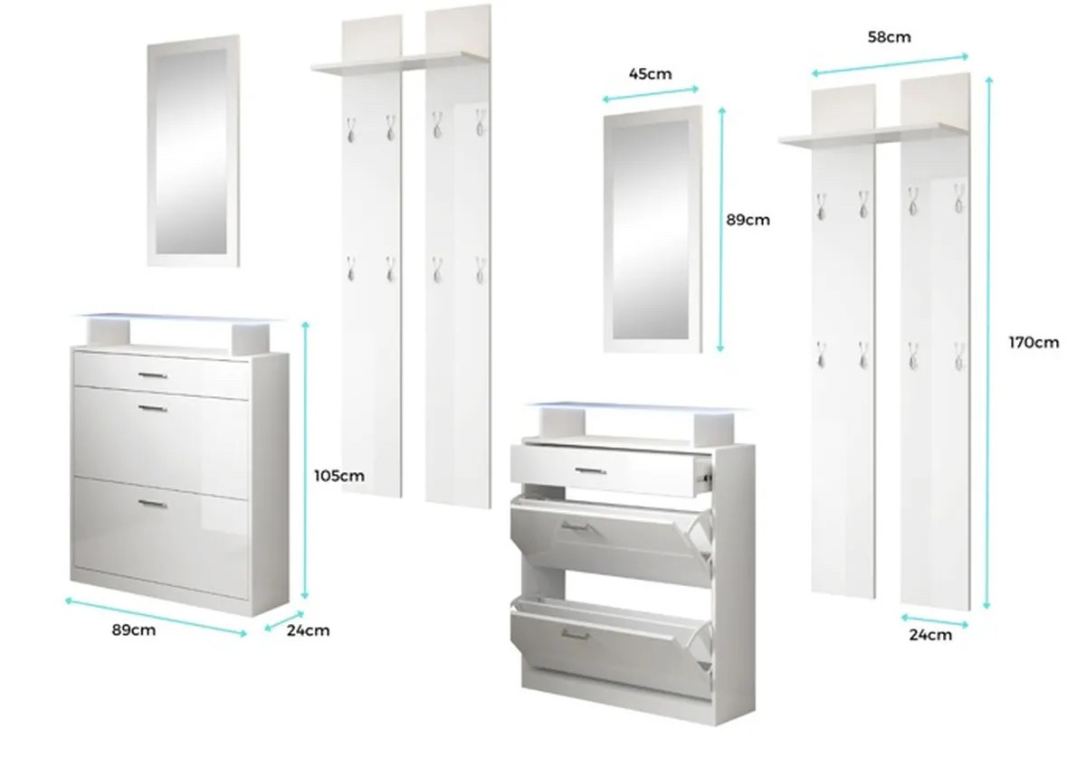 Set Ingresso Con Scarpiera, Specchio E Attaccapanni - Bianco Melamina, LED, Per Corridoio