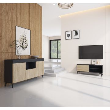 Set di mobili credenza Kai e mobile TV nero e opaco sonoma 