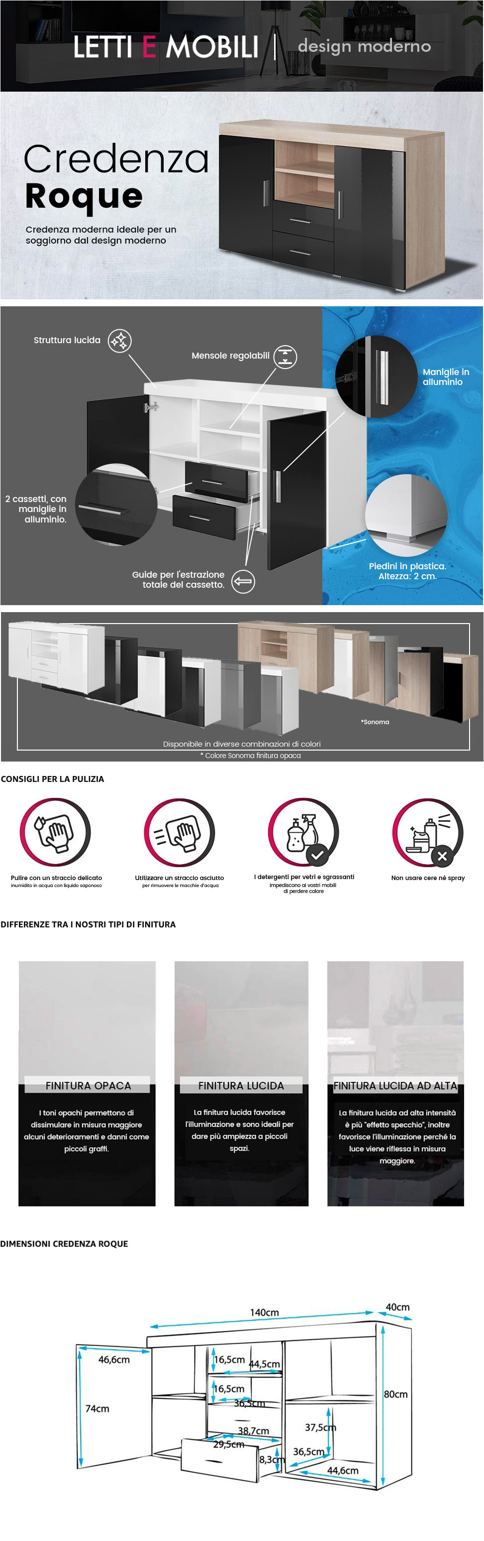 Credenza Moderna Con 2 Ante E 2 Cassetti - Bianco E Grigio, 140x80x40 Cm - Foto 9